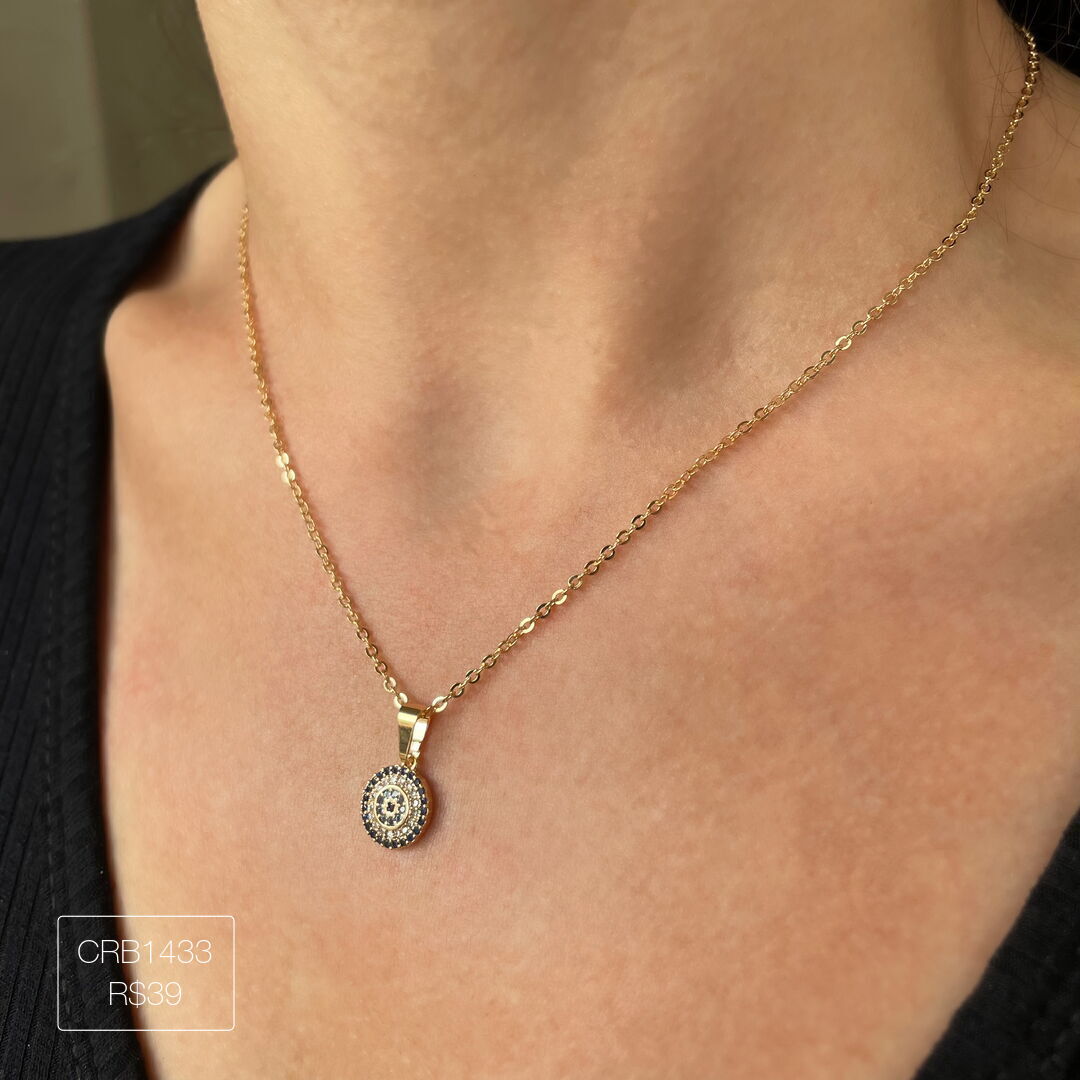 Colar de Olho Grego Redondo Cravejado Azul Dourado